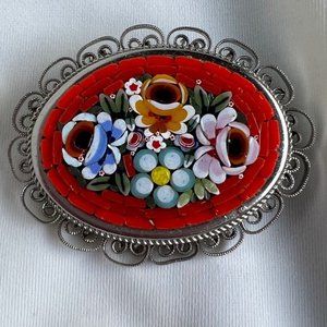 Vintage Micro Mosaic Style Flower Oval Silver Tone Costume Estate Brooch